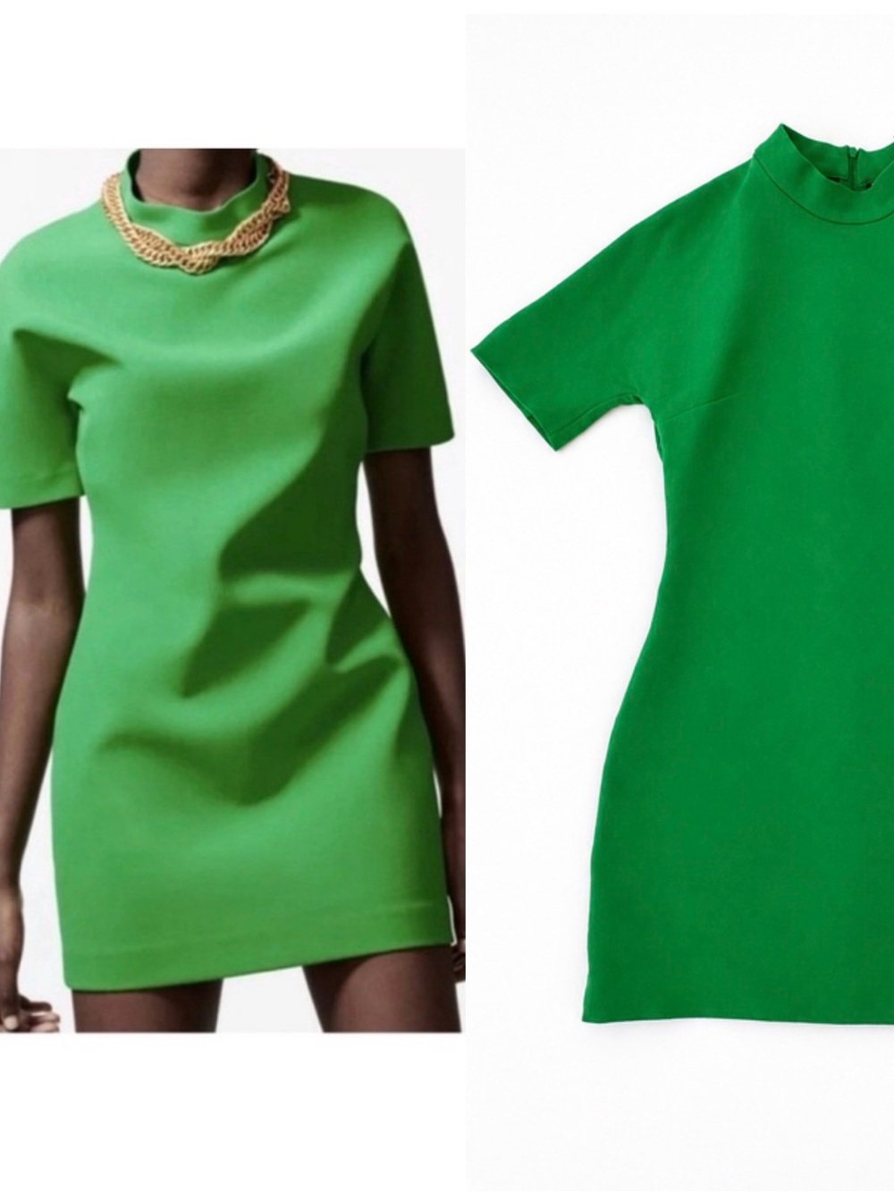 NWT ZARA Green Mini Dress XS High Neck Short Sleeve Bodycon Minimalist